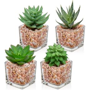 Briful Mini Fake Plants 3 Packs Cute Succulents Artificial Plants in Square Glass Vase Pot Potted Faux Succuletns for Living Room Dining Room Bathroom Kitchen Windowsill Table Decor