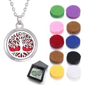 Aromatherapy Essential Oil Diffuser Necklace Tree of Life Pattern Pendant with 24Inch Chain and 10 Colors of Cotton XM002-2