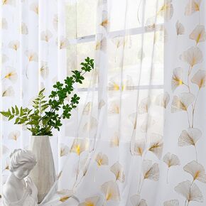 youleyar Gold Foil Print Voile Sheer Curtains, Leaves Grommet Top Window Drapes 63 Inches Long, Luxury Metallic Bronzing Treatment Panels for Home Window Decoration, 2 Panels in Kuwait