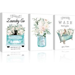 مجموعة Anyzal مكونة من 3 لوحات فنية جدارية من القماش لغرفة الغسيل، لافتات غسيل ذاتية الخدمة، عمل فني عتيق، ديكور غرفة الغسيل، لوحة فنية جدارية من القماش مؤطرة بالزهور، 16 * 24 بوصة/قطعة in Kuwait