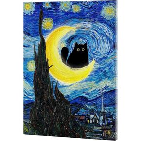 SOYATER The Starry Night Cat Vintage Famous Art Print Funny Preppy Animal Century Modern Nature Aesthetic painting Room Decor Poster Wall Art 12x16inch Framed, Black