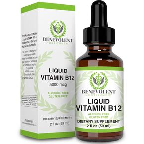 Vitamin B12 Liquid Drops Formula - Potent & Effective 5000 mcg per Serving with Folic Acid and Biotin Fast Absorbing Sublingual Formula - Delicious Raspberry Flavored for All Family - Gluten Free in Kuwait