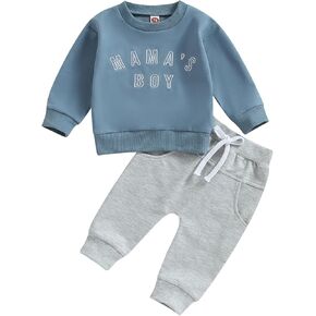 Ursobutegl Mamas Boy Clothes Toddler Baby Fall Winter Outfit Long Sleeve Letter Sweatshirt Top Pants Casual Tracksuit (Embroidery-Blue, 12-18 Months) in Saudi Arabia