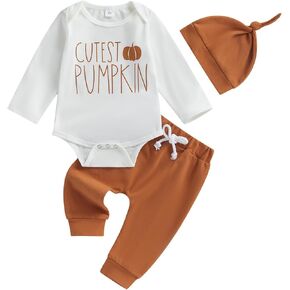 YOKJZJD 3Pcs Newborn Baby Boy Halloween Outfit Cutest Pumpkin Long Sleeve Romper Bodysuit Tops Jogger Pants Set with Hat (White, 3-6 Months) in Kuwait