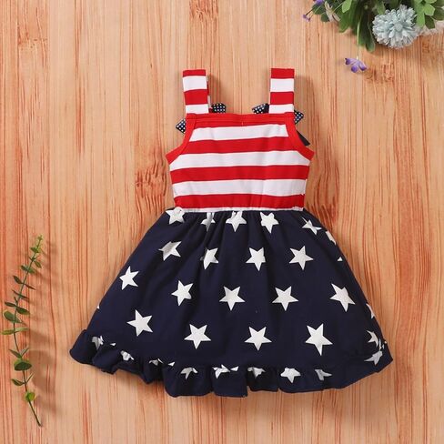 USKIDKK طفل رضيع الفتيات 4th من يوليو الزي الأشرطة Bowknot نجوم مخطط فستان الصيف الاستقلال فستان الشمس in Kuwait