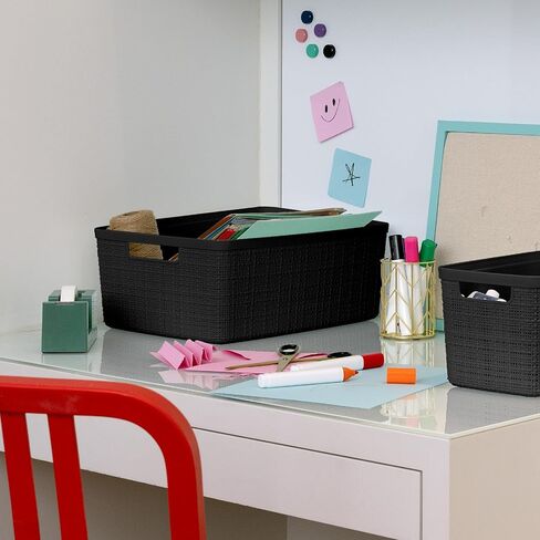 مجموعة كيرفر مكونة من 6 سلال تنظيم وتخزين بلاستيكية متوسطة الحجم من الجوت، صناديق مثالية للمكتب المنزلي، وأرفف الخزانة، ومخزن المطبخ وجميع مستلزمات غرفة النوم، باللون الأسود in Kuwait