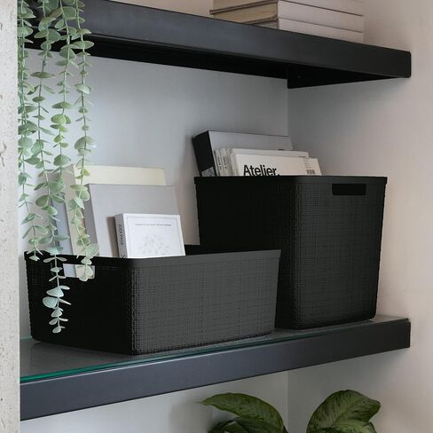 مجموعة كيرفر مكونة من 6 سلال تنظيم وتخزين بلاستيكية متوسطة الحجم من الجوت، صناديق مثالية للمكتب المنزلي، وأرفف الخزانة، ومخزن المطبخ وجميع مستلزمات غرفة النوم، باللون الأسود in Kuwait