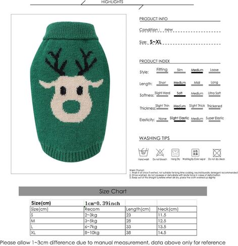 الكلب سترة الحيوانات الأليفة ملابس عيد الميلاد الكرتون الرنة الكلب محبوك سترة تنفس ودافئة تريكو الدافئة الحيوانات الأليفة للكلاب جرو هريرة القطط عطلة الأزياء (الأخضر - M) in Kuwait