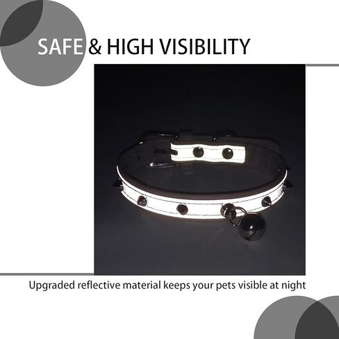 طوق للقطط مع جرس من THUMBERLY - مسامير من جلد البولي يوريثان عاكسة وقابلة للتعديل مرصعة بإبزيم معدني قوي للقطط الصغيرة والحيوانات الأليفة - أسود in Kuwait