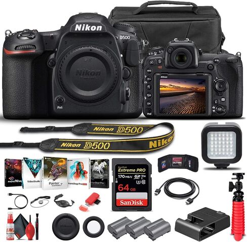 Nikon D500 DSLR Camera (Body Only) (1559) + 64GB Memory Card + Case + Corel Photo Software + 2 x EN-EL 15 Battery + Card Reader + LED Light + HDMI Cable + Cleaning Set + Flex Tripod + More (Renewed) in Saudi Arabia