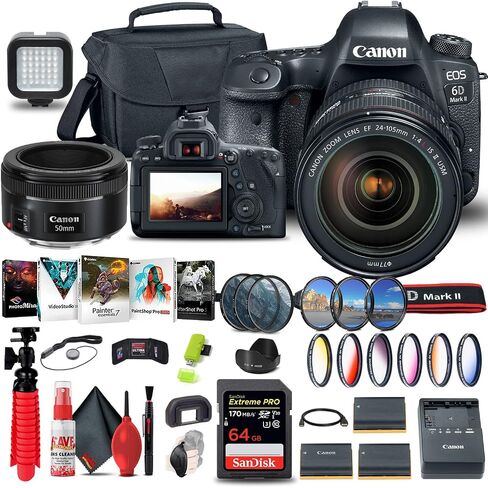 كاميرا Canon EOS 6D Mark II DSLR مع عدسة f/4L II مقاس 24-105 مم (1897C009) + عدسة Canon EF مقاس 50 مم + بطاقة ذاكرة سعة 64 جيجابايت + طقم مرشح الألوان + حافظة + برنامج Corel للصور + 2 بطارية LPE6 + المزيد (متجددة) in Saudi Arabia
