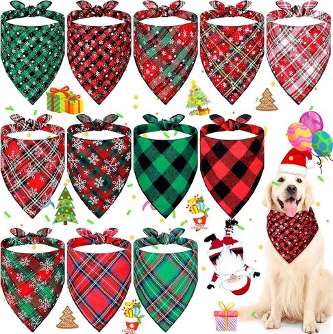 Weewooday 12 Pieces Christmas Dog Bandanas for Dogs Triangle Pet Kerchief Classic Plaid Triangle Bandana Bibs Snowflake for Small Medium Large Dogs Cats in Saudi Arabia