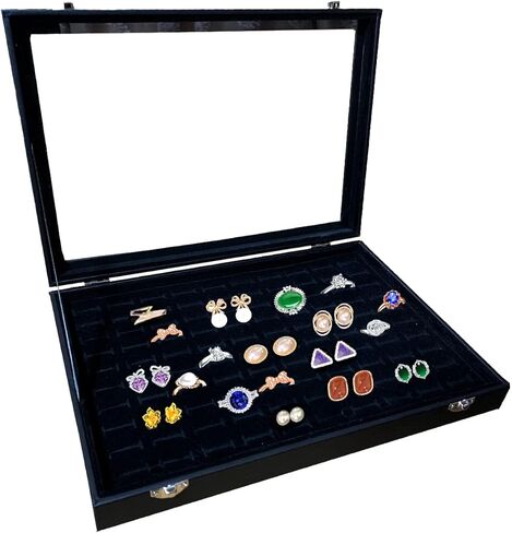 صينية تنظيم المجوهرات بغطاء شفاف، صندوق تخزين الخواتم 100 فتحة مع غطاء شفاف من الزجاج المخملي، صندوق تخزين خواتم مجوهرات لعرض الخواتم المتعددة والاقراط in Kuwait