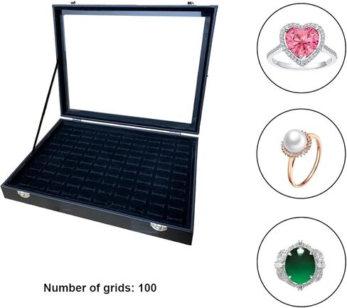 صينية تنظيم المجوهرات بغطاء شفاف، صندوق تخزين الخواتم 100 فتحة مع غطاء شفاف من الزجاج المخملي، صندوق تخزين خواتم مجوهرات لعرض الخواتم المتعددة والاقراط in Kuwait