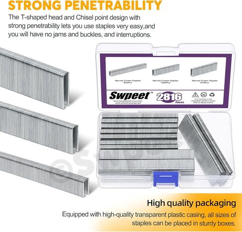 Swpeet 1609 عدد 4 مقاسات K413 K419 K425 F15 18 مقياس فولاذي تقريبًا 1/4 بوصة × 1/2 بوصة/3/4 بوصة/1 بوصة دبابيس تاج ضيقة فضية وأظافر براد (5/8 بوصة)، لمسة نهائية مجلفنة للهواء المضغوط والكهربائي دباسة/براد بائع المسامير in Kuwait