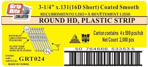 Grip-Rite 16d Short - 3-1/4-Inch x .131 Vinyl Coated, Smooth Shank, 21? Full Round Head, Plastic Collated, Stick Framing Nails - 500 per tub in Saudi Arabia