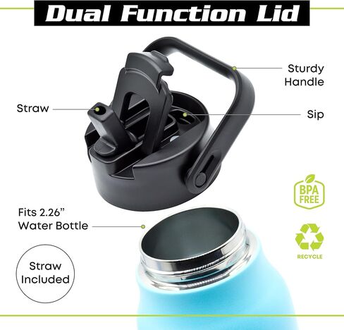 غطاء قش وقهوة 2 في 1 - 2.26 بوصة، CamelBak، أغطية قارورة بسيطة حديثة أو مائية مع فم عريض بماصة - بديل آمن للغسل في غسالة الأطباق لغطاء قش القارورة المائية للزجاجات ذات الفم الواسع من PowX (أسود) in Kuwait
