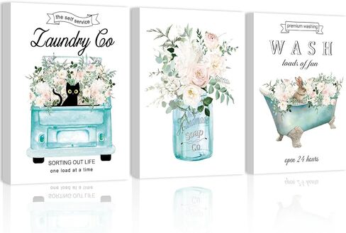مجموعة Anyzal مكونة من 3 لوحات فنية جدارية من القماش لغرفة الغسيل، لافتات غسيل ذاتية الخدمة، عمل فني عتيق، ديكور غرفة الغسيل، لوحة فنية جدارية من القماش مؤطرة بالزهور، 16 * 24 بوصة/قطعة in Kuwait