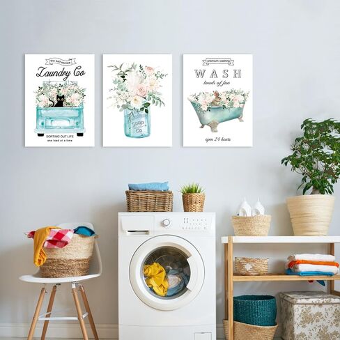 مجموعة Anyzal مكونة من 3 لوحات فنية جدارية من القماش لغرفة الغسيل، لافتات غسيل ذاتية الخدمة، عمل فني عتيق، ديكور غرفة الغسيل، لوحة فنية جدارية من القماش مؤطرة بالزهور، 16 * 24 بوصة/قطعة in Kuwait
