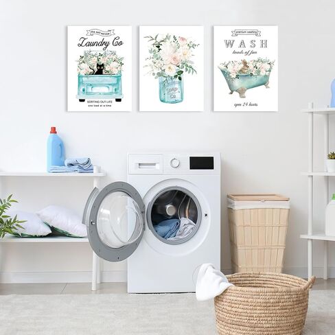 مجموعة Anyzal مكونة من 3 لوحات فنية جدارية من القماش لغرفة الغسيل، لافتات غسيل ذاتية الخدمة، عمل فني عتيق، ديكور غرفة الغسيل، لوحة فنية جدارية من القماش مؤطرة بالزهور، 16 * 24 بوصة/قطعة in Kuwait