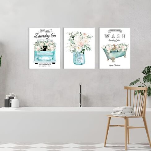 مجموعة Anyzal مكونة من 3 لوحات فنية جدارية من القماش لغرفة الغسيل، لافتات غسيل ذاتية الخدمة، عمل فني عتيق، ديكور غرفة الغسيل، لوحة فنية جدارية من القماش مؤطرة بالزهور، 16 * 24 بوصة/قطعة in Kuwait