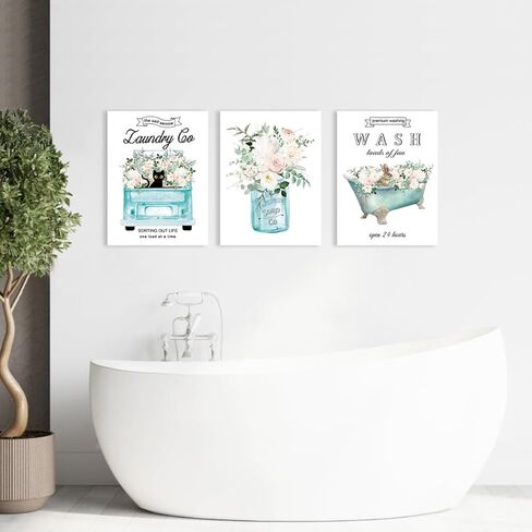 مجموعة Anyzal مكونة من 3 لوحات فنية جدارية من القماش لغرفة الغسيل، لافتات غسيل ذاتية الخدمة، عمل فني عتيق، ديكور غرفة الغسيل، لوحة فنية جدارية من القماش مؤطرة بالزهور، 16 * 24 بوصة/قطعة in Kuwait