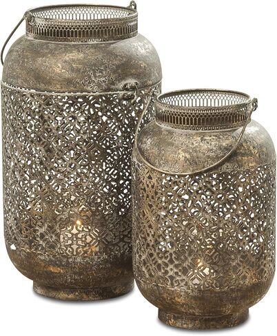 Moroccan Temple Lanterns, Set of 2, Hurricanes, Vintage, Lacy Lattice Patterned Bellies, for LED or Wax Candles, Patina Finish Brass Metal, Hinged Top, 17 and 13 Inches Tall in Saudi Arabia