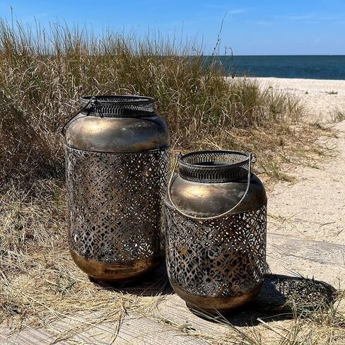 Moroccan Temple Lanterns, Set of 2, Hurricanes, Vintage, Lacy Lattice Patterned Bellies, for LED or Wax Candles, Patina Finish Brass Metal, Hinged Top, 17 and 13 Inches Tall in Saudi Arabia
