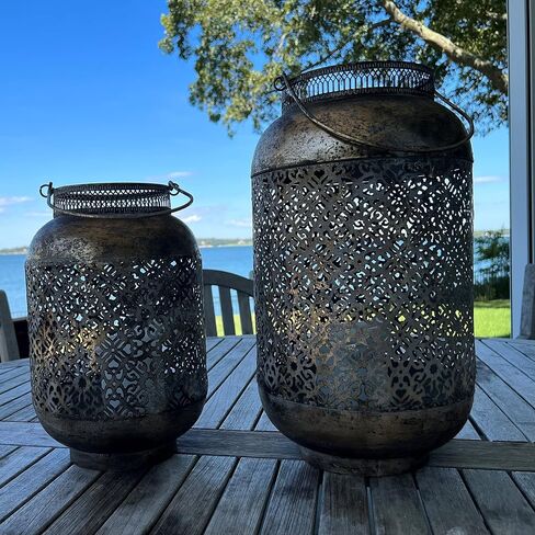 Moroccan Temple Lanterns, Set of 2, Hurricanes, Vintage, Lacy Lattice Patterned Bellies, for LED or Wax Candles, Patina Finish Brass Metal, Hinged Top, 17 and 13 Inches Tall in Saudi Arabia