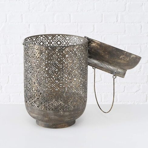 Moroccan Temple Lanterns, Set of 2, Hurricanes, Vintage, Lacy Lattice Patterned Bellies, for LED or Wax Candles, Patina Finish Brass Metal, Hinged Top, 17 and 13 Inches Tall in Saudi Arabia