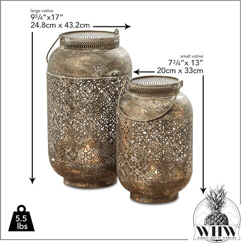 Moroccan Temple Lanterns, Set of 2, Hurricanes, Vintage, Lacy Lattice Patterned Bellies, for LED or Wax Candles, Patina Finish Brass Metal, Hinged Top, 17 and 13 Inches Tall in Saudi Arabia