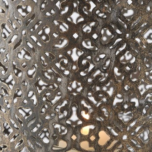 Moroccan Temple Lanterns, Set of 2, Hurricanes, Vintage, Lacy Lattice Patterned Bellies, for LED or Wax Candles, Patina Finish Brass Metal, Hinged Top, 17 and 13 Inches Tall in Saudi Arabia