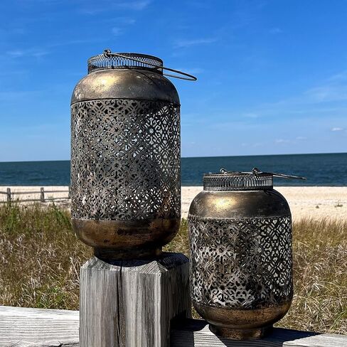 Moroccan Temple Lanterns, Set of 2, Hurricanes, Vintage, Lacy Lattice Patterned Bellies, for LED or Wax Candles, Patina Finish Brass Metal, Hinged Top, 17 and 13 Inches Tall in Saudi Arabia