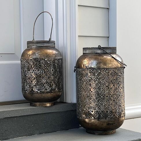 Moroccan Temple Lanterns, Set of 2, Hurricanes, Vintage, Lacy Lattice Patterned Bellies, for LED or Wax Candles, Patina Finish Brass Metal, Hinged Top, 17 and 13 Inches Tall in Saudi Arabia