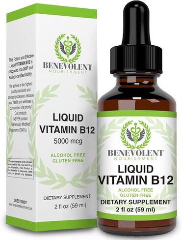 Vitamin B12 Liquid Drops Formula - Potent & Effective 5000 mcg per Serving with Folic Acid and Biotin Fast Absorbing Sublingual Formula - Delicious Raspberry Flavored for All Family - Gluten Free in Kuwait