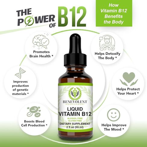 Vitamin B12 Liquid Drops Formula - Potent & Effective 5000 mcg per Serving with Folic Acid and Biotin Fast Absorbing Sublingual Formula - Delicious Raspberry Flavored for All Family - Gluten Free in Kuwait