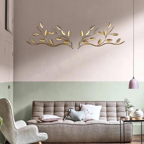 لوحة فنية جدارية من كيوشو هونج مكونة من قطعتين بتصميم اوراق شجر شجرة معدنية وغصن زيتون لتزيين الحائط فوق السرير وغرفة المعيشة والديكور الخارجي in Kuwait