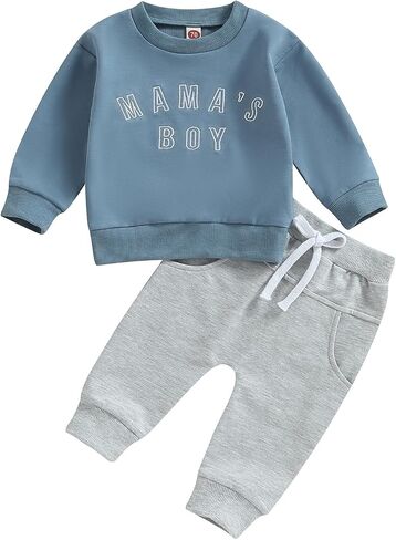 Ursobutegl Mamas Boy Clothes Toddler Baby Fall Winter Outfit Long Sleeve Letter Sweatshirt Top Pants Casual Tracksuit (Embroidery-Blue, 12-18 Months) in Saudi Arabia