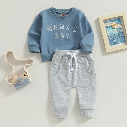 Ursobutegl Mamas Boy Clothes Toddler Baby Fall Winter Outfit Long Sleeve Letter Sweatshirt Top Pants Casual Tracksuit (Embroidery-Blue, 12-18 Months) in Saudi Arabia