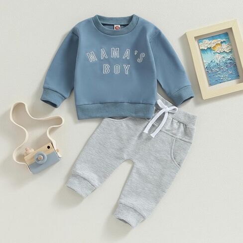 Ursobutegl Mamas Boy Clothes Toddler Baby Fall Winter Outfit Long Sleeve Letter Sweatshirt Top Pants Casual Tracksuit (Embroidery-Blue, 12-18 Months) in Saudi Arabia