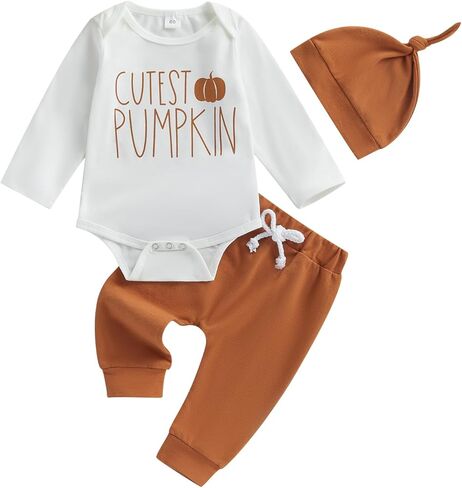 YOKJZJD 3Pcs Newborn Baby Boy Halloween Outfit Cutest Pumpkin Long Sleeve Romper Bodysuit Tops Jogger Pants Set with Hat (White, 3-6 Months) in Kuwait