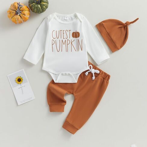 YOKJZJD 3Pcs Newborn Baby Boy Halloween Outfit Cutest Pumpkin Long Sleeve Romper Bodysuit Tops Jogger Pants Set with Hat (White, 3-6 Months) in Kuwait