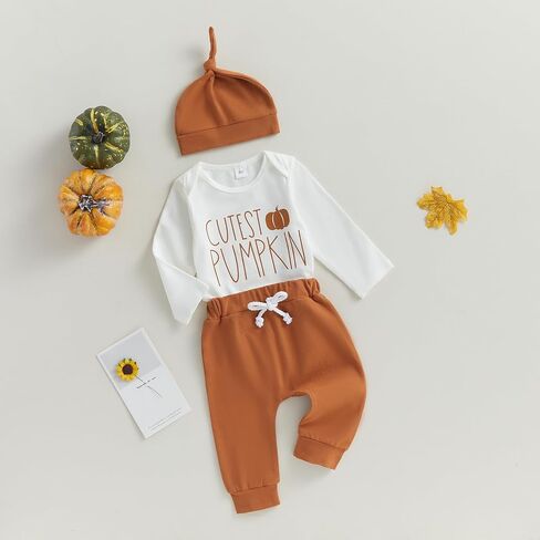YOKJZJD 3Pcs Newborn Baby Boy Halloween Outfit Cutest Pumpkin Long Sleeve Romper Bodysuit Tops Jogger Pants Set with Hat (White, 3-6 Months) in Kuwait