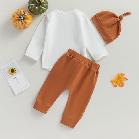 YOKJZJD 3Pcs Newborn Baby Boy Halloween Outfit Cutest Pumpkin Long Sleeve Romper Bodysuit Tops Jogger Pants Set with Hat (White, 3-6 Months) in Kuwait