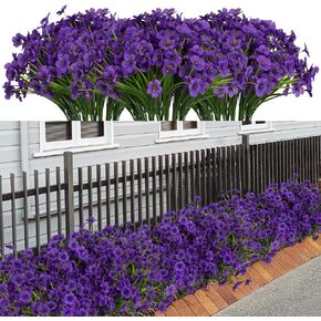 21 Bundles Artificial Outdoor UV Resistant Flowers No Fade Fake Outside Flowers Plastic Greenery Faux Shrubs Garden Porch Window Box Home Decoration(Blue)