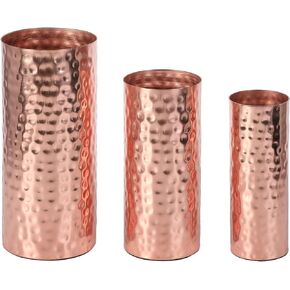MyGift Modern Hammered Copper Tone Metal Tall Cylinder Flower Vases, Decorative Centerpiece, Set of 3 (Large, Medium, Small Sizes)