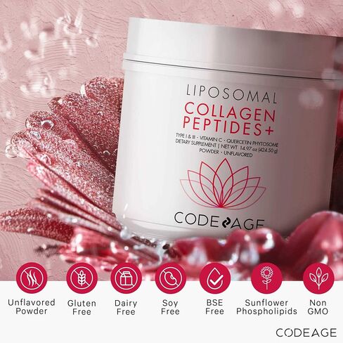 Codeage Liposomal Collagen Peptides Powder + Vitamin C & Quercetin Phytosome, Phospholipid Complex, Grass-Fed Pasture-Raised Hydrolyzed Collagen Type I & III Supplement All-in-One, Non-GMO, 14.97 oz in Saudi Arabia