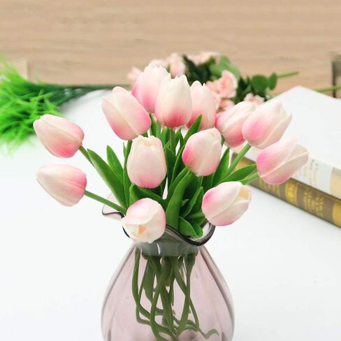 IPOPU 24 قطعة من زهور التوليب البيضاء الاصطناعية ذات اللمس الحقيقي زهور التوليب البيضاء زهور التوليب المزيفة لتزيين طاولات المنزل وباقة الزفاف وحفلات استقبال المولود الجديد (أبيض) in Kuwait