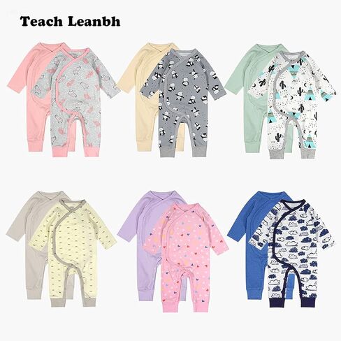 Teach Leanbh Baby Boys Girls 2 Pack بيجامات قطنية بأكمام طويلة مطبوعة بألوان سادة جانبية رومبير نائم in Kuwait