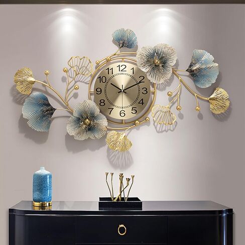 Modern Metal Wall Clock Silent Non Ticking Decoration Wall Clocks 3D Creative Ginkgo Leaf Metal Art Dial Home Decorations for Living Room Handmade Nature Home Art Decoration 32.7 * 18.9 * 2inch in Kuwait